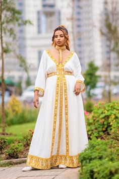 Stylish Golden Habesha Dress Yellow Ethiopian Dress, Ethiopian Traditional Dress Ethiopian Clothing, Ethiopian Embroidery, Festive Bohemian Embroidered Habesha Kemis, Holiday Wedding Dress, Ethiopian Dress Modern 2022, Festive Folk-style Habesha Kemis, Golden Embroidery, Habesha Dress