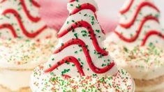 cupcakes decorated with white frosting and red and green sprinkles