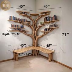 a wooden tree shelf with bookshelves on each side and a bench in the middle