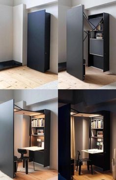 four different views of a small room with furniture and bookshelves in the corner