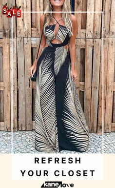 Tropical Palm Leaf Print Cutout Wide Leg Jumpsuit Summer Casual Jumpsuits And Rompers With Cutout, Casual Summer Jumpsuits And Rompers With Cutout, Summer Sleeveless Cutout Jumpsuits And Rompers, Chic Black Jumpsuits And Rompers For Beach Season, Palm Leaves Print, Jumpsuits And Romper, Tropical Palm, Jumpsuit Fashion, Palm Leaf