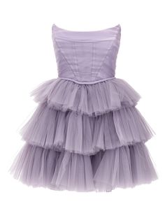 Expertly crafted with high-quality tulle material, this strapless A-line dress features a corset bodice for a flattering fit and an above-knee length for a touch of elegance. The built-in bra provides added support while the zip-up back ensures a secure hold. Available in a striking purple color, this dress is perfect Elegant Casual Dresses, Italian Women Style, Mini Dress Strapless, Tulle Material, Squared Neckline, Purple Mini Dresses, Italian Women, Dress Purple, Casual Wedding