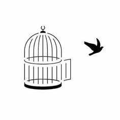 a bird flying next to a cage with a bird in it