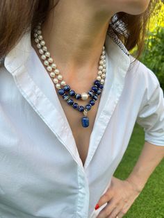 Handmade Blue Pearl Necklace For Gift, Handmade Blue Pearl Necklace Gift, Blue Pearl Necklace With Natural Stones As A Gift, Blue Bohemian Pearl Necklace For Gift, Blue Double Strand Pearl Necklace For Gift, Blue Double Strand Pearl Necklace Gift, Blue Double Strand Beaded Pearl Necklace, Blue Single Strand Pearl Necklace As Gift, Blue Single Strand Pearl Necklace For Gift