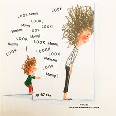 a child's drawing of a woman looking at a man with long hair and words written on it