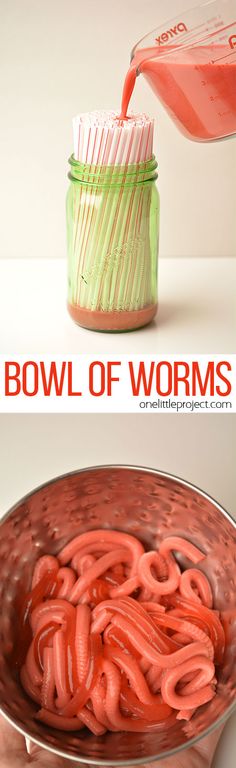 there is a bowl of worms in it and the bottom has red liquid pouring out of it