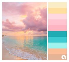 an ocean scene with pink, blue and yellow colors