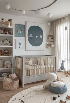 a baby's room with a crib and toys on the floor in it