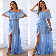 Indulge In Effortless Elegance With Our Off-Shoulder Layered Split Maxi Dress. This Luxurious Piece Features An Alluring Off-Shoulder Neckline. The Long Maxi Length Elongates Your Silhouette, While The Vibrant Blue Solid Color Adds A Pop Of Color. With Its Exquisite Layered Design And A Tasteful Split, This Lined Dress Is Perfect For Summer Weddings Or Evening Soires. Pair It With Strappy Heels And Statement Earrings For A Stunning Ensemble That Commands Attention. Split Off-Shoulder Neckline Ma Summer Cocktail Off Shoulder Maxi Dress, Blue Off Shoulder Maxi Dress For Party, Flowy Off-shoulder Dress For Party, Flowy Off-shoulder Party Dress, Off-shoulder Summer Maxi Dress For Evening, Blue Fitted Off Shoulder Maxi Dress, Blue Off Shoulder Maxi Dress For Spring, Blue Off-shoulder Dress For Beach, Blue Off-shoulder Beach Dress