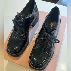 New In Box Miu Miu Oxford Platforms, Size 37. Would Fit A 6.5 Or 7 #Miumiu Patent Leather Oxfords, Oxford Platform, Miu Miu Shoes, Womens Oxfords, Miu Miu, Patent Leather, Prada, Oxford, Size 7