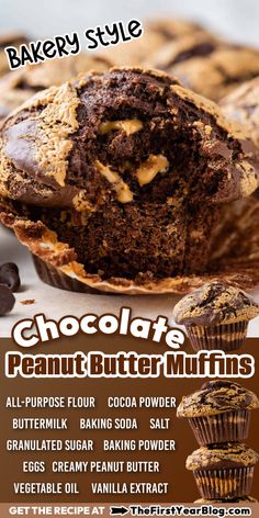 Chocolate Peanut Butter Muffins Pin with text overlay Filled Muffins Recipes, Muffins For Breakfast, Muffins With Self Rising Flour, Fancy Muffin Recipes, Peanut Butter Chocolate Muffins, Bakery Style Muffin Recipes, Pb Muffins, Gourmet Muffins Recipes, Quick Muffin Recipes