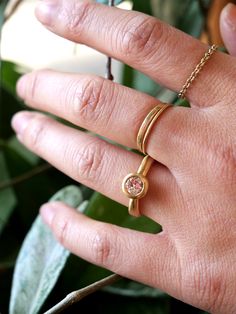 a person's hand with a ring on it and a plant in the background