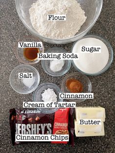 ingredients to make an ice cream cake sitting on a counter with labels labeled in english