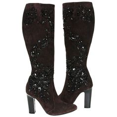 New Rene Caovilla Beaded Chocolate Color Suede Knee High Boots Designer size 36.5 - US 6.5 Textured Chocolate Color Suede, Black Embellishment, Fully Lined in Soft Leather. Full Zip Closure, Rubber Sole, Heel Height - 3.9 inches. Total Boots Height - 18.25", Circumference - 12.5". Made in Italy New with Box. Boots not Heavy from the Beads. Winter Formal Embellished Boots, Luxury Embellished Boots For Fall, Designer Embellished Fitted Boots, Designer Embellished Boots For Fall, Winter Evening Embellished Boots, Elegant Evening Boots With Sequins, Elegant Sequined Boots For Evening, Designer Embellished Evening Boots, Formal High Heel Embellished Boots