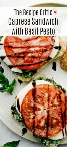 the recipe for caprese sandwich with basil pesto is shown on a plate