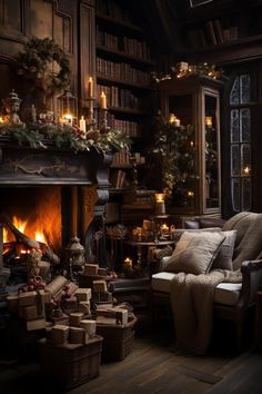 a living room filled with furniture next to a fire place covered in christmas presents and lit candles