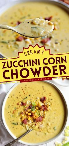 creamy zucchini corn chowder in a bowl with a spoon on the side