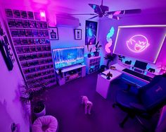 a room with purple lighting and a white dog standing in front of the computer desk