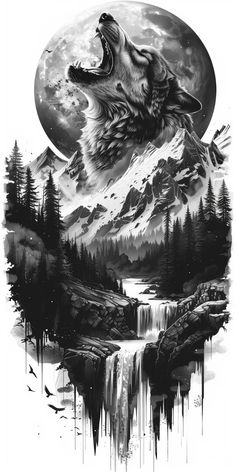 a wolf with its mouth open standing in front of a mountain and river under a full moon