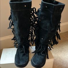 Nwt. Stylish Black Suede Boots With Fringe Details. Comfortable And Trendy. Winter Festival Boots With Closed Toe, Suede Fringe Boots With Closed Toe, Winter Fringe Boots With Round Toe, Festival Suede Boots, Boots With Fringe, Suede Fringe Boots, Fringe Boots, Black Suede Boots, Suede Fringe