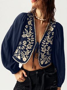 Vacation Loose Embroidery Contrast Long Sleeve Blouse For Women Multicolor Boho  Long Sleeve Woven Fabric Floral,Plants,All Over Print Top Non-Stretch  Women Clothing, size features are:Bust: ,Length: ,Sleeve Length: Indian Boho Fashion, Mexican Fashion Modern, Experimental Dresses, White Floral Embroidery, Mexican Fashion, Simple Silhouette, Boho Blouses, Embroidered Top, Boho Tops