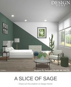 an image of a living room with green and white accents on the walls, along with furniture