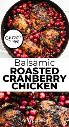 roasted cranberry chicken in a cast iron skillet with text overlay