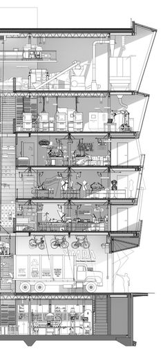 an architectural drawing of the inside of a building with multiple floors and various parts in it