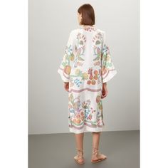 White floral cotton (100% Silk). Shift. 3/4 sleeves. V-neck. Pull on. 46.5" from shoulder to hemline. Imported. Breezy Outfit, Rent The Runway, Closet Designs, Vacation Style, Kaftan Dress, Leather Slides, V Neck, Silk, Floral