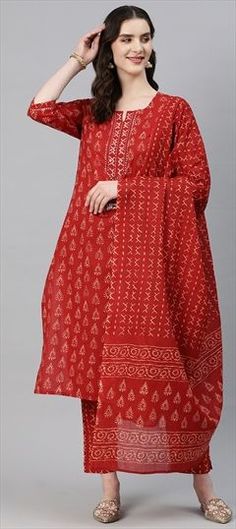 Red and Maroon color Salwar Kameez in Cotton fabric with Printed, Resham, Thread work Red Straight Kurta With Printed Motifs, Red Block Print Straight Kurta, Red Straight Kurta With Block Print, Red Printed Wedding Kurta, Festive Red Kurta With Printed Motifs, Red Wedding Kurta With Printed Motifs, Red Anarkali Set With Bandhani Print, Eid Red Kurta With Block Print, Red Traditional Wear With Printed Motifs For Festivals