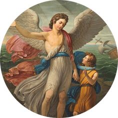 a painting of an angel and a boy standing next to each other in front of a body of water