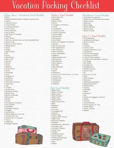 a travel packing checklist with suitcases and other items on the list in red