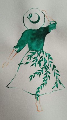 a drawing of a woman in a green dress with leaves on her skirt and hat