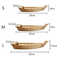 two wooden boats are shown with measurements