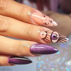 Cute Witchy Nails, Witchy Summer Nails, Summer Witch Nails, Purple Halloween Nails, Mystic Nails, Tattoo Nails, Light Purple Nails, Witch Nails, Unghie Nail Art