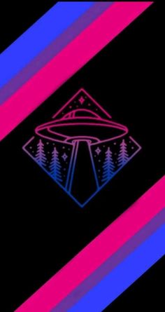 an alien spaceship flying over trees and mountains in neon colors on a black background with vertical stripes