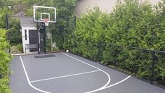 an outdoor basketball court surrounded by trees and bushes