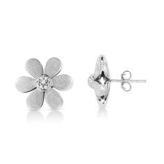 Celebrate your blooming love with these adorable diamond flower earrings made from .925 sterling silver and given a matte finish. Charming style for your sweetheart, these sterling silver floral earrings are embellished by a cluster of 10 pave set single cut accent diamonds at the center. These blossoms closes with a secure clasp. Total diamond weight is 1/20 ctw. Silver Flower Earrings With Diamond Accents, Silver Flower Earrings For Anniversary, White Gold Sterling Silver Flower Earrings, White Gold Flower Diamond Earrings For Anniversary, Silver Diamond Flower Earrings, Sterling Silver Diamond Earrings With Flower Shape For Gift, Sterling Silver Flower-shaped Diamond Earrings As Gift, Silver Flower Earrings With Diamond Accents For Gift, Sterling Silver Diamond Earrings With Flower Accents