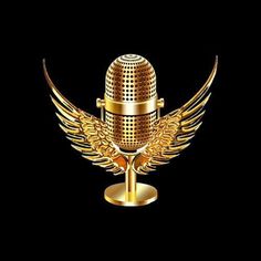 a golden microphone with wings on a black background