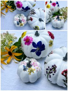 four different pictures of painted pumpkins with flowers on them, one is white and the other is blue