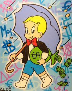 a painting of a boy holding an umbrella and money