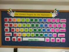 a bulletin board is decorated with colorful magnets and handprinted words on it