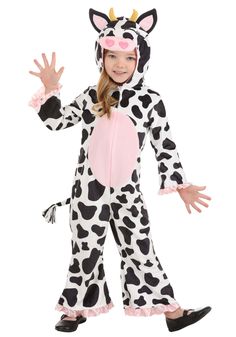 PRICES MAY VARY. Size: 4T MOO-VELOUS MATERIAL: Crafted from 100% polyester, this cow costume is soft and comfy, perfect for little bovine fans! UDDERLY EASY TO WEAR: Features a cow print minky jumpsuit with a front zipper and a fabric strip with a hook and loop fastener, making dressing up a breeze. COW-TASTIC DETAILS: With a plush pink belly and playful pink satin ruffles on the sleeves and ankles, this costume is packed with charm. TAIL-WAGGING FUN: Includes a cute tail with yarn fringe sewn o Cute Cow Costume, Animal Costumes For Girls, Kids Cow Costume, Farm Animal Costumes, Garfield Costume, Clueless Costume, Cow Halloween, Kiss Costume, Troll Costume