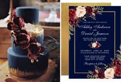 a blue and gold wedding cake with red flowers on the top is next to an image of it