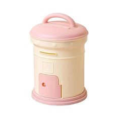 a pink and white container with a handle on it's lid, sitting against a white background