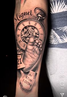 a man's arm with a clock tattoo on it and the words, miguel