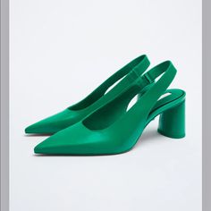 Slingback Pumps With Wide High Heels.Pointed Toes.Heel Height 3 Inches.(7.6cm) Chic Green Slingback Sandals For Spring, Chic Green Slingback Sandals With Ankle Strap, Chic Green Slingback Sandals With Heel Strap, Chic Green Ankle Strap Slingback Sandals, Elegant Green Slingback Pumps For Formal Occasions, Green Slingback Pumps With Sculpted Heel For Party, Green Pointed Toe Slingback Pumps For Summer, Elegant Green Slingback Pumps With Heel Strap, Green High Heel Slingback Pumps With Padded Heel