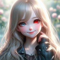 a girl with long blonde hair and red eyes