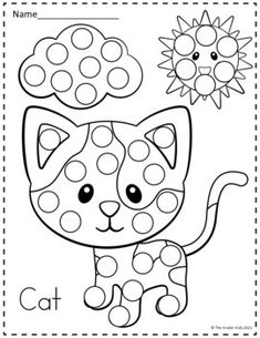 a coloring page with a cat and flowers