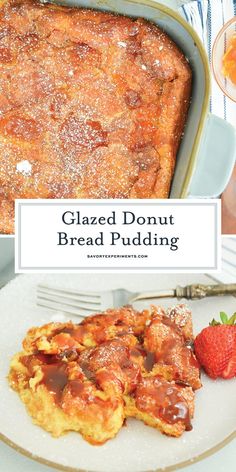 glazed donut bread pudding on a plate with strawberries